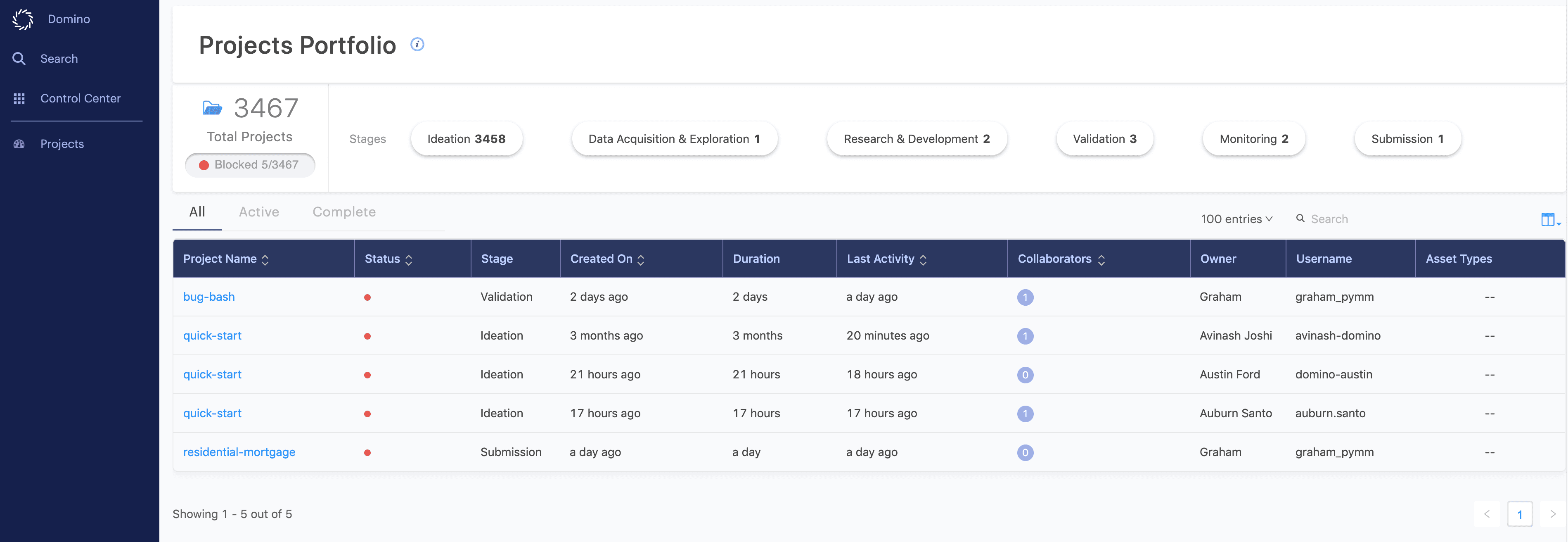project portfolio dashboard in Domino