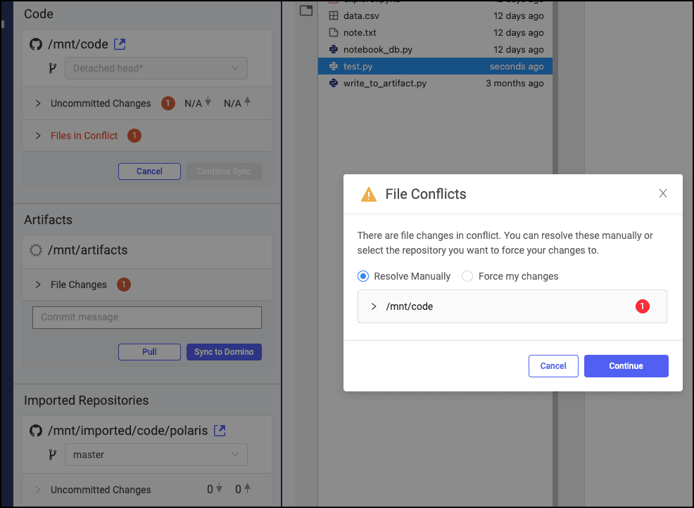 Resolving Git conflicts when synchronizing files