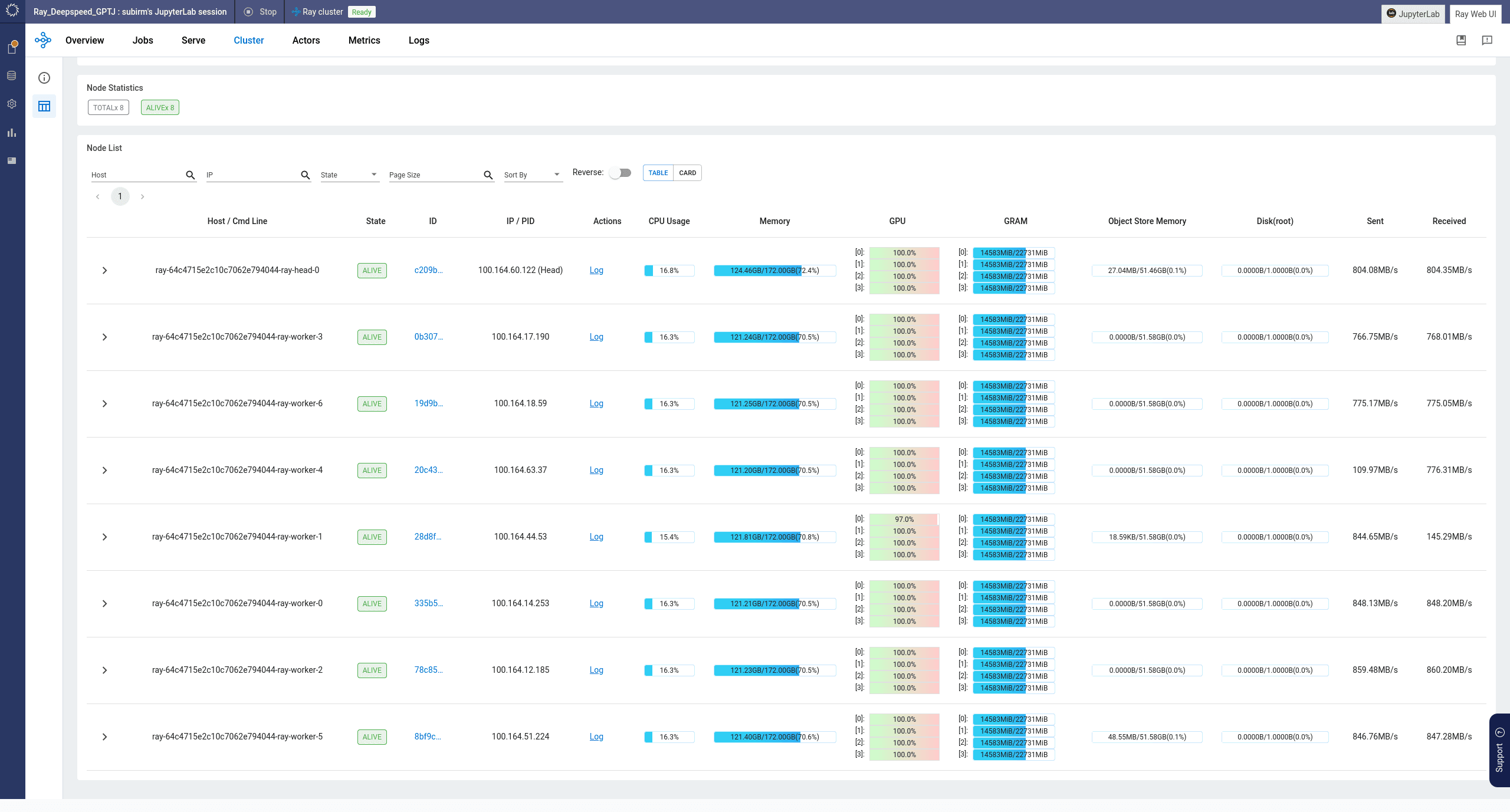 Screenshot of a visualization of a Ray cluster used to train a large language model