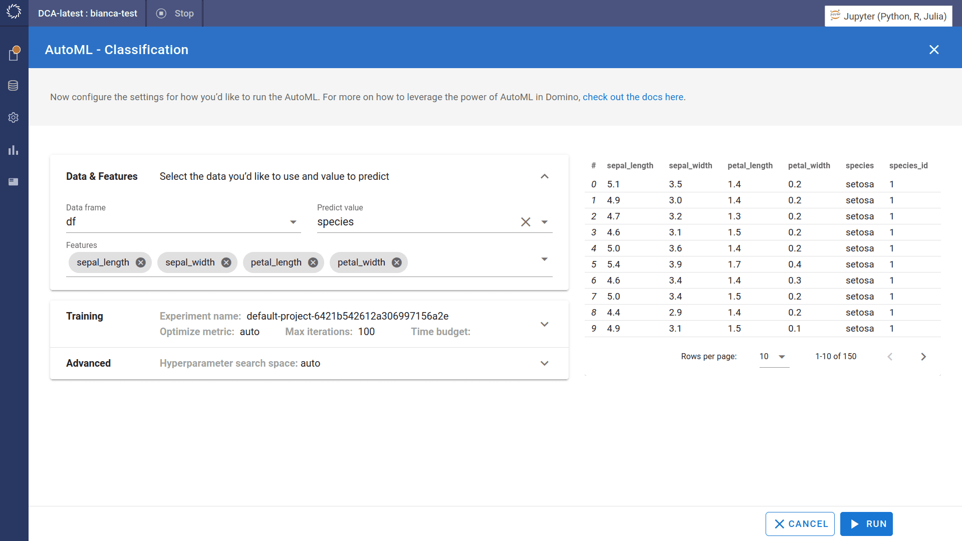 Domino AutoML settings configuration