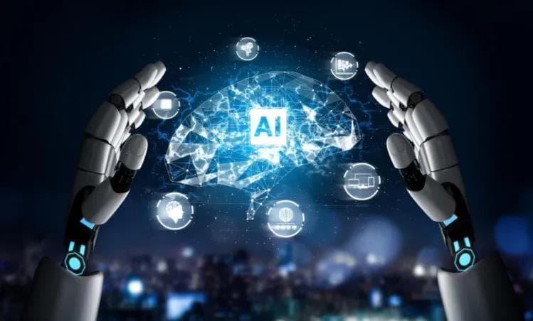 Robotic hands holding a computer fabricated ai logo