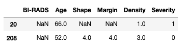 NaN values in BI-RADS column of dataframe
