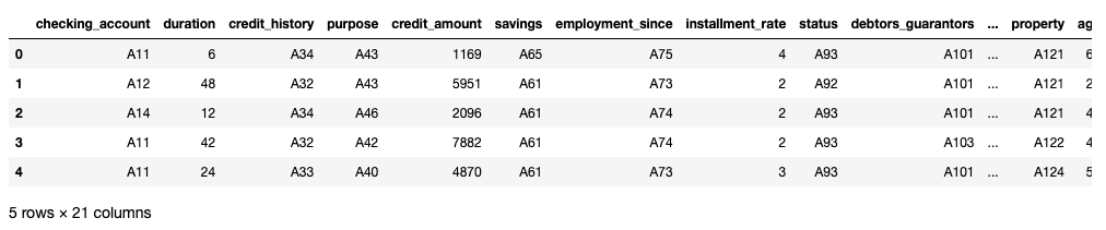 first 5 rows from the german.data dataset