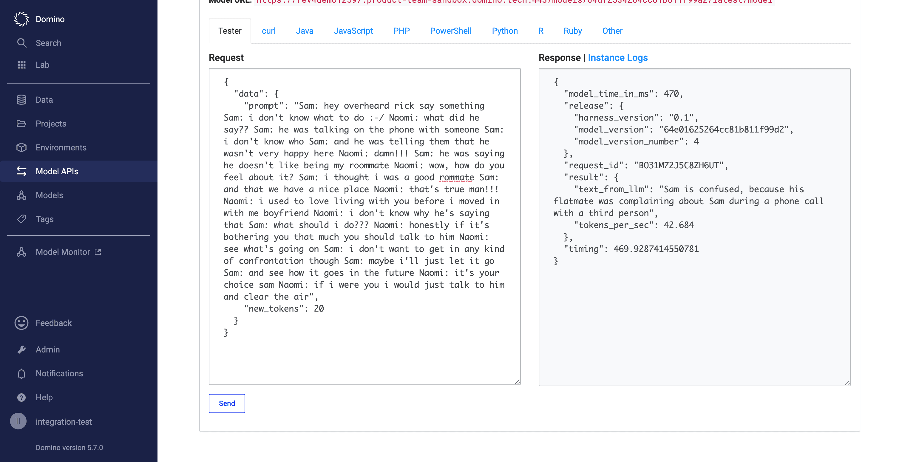 LLM running as a Domino Model API